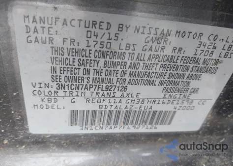 2015 Nissan Versa 1.6 S+ z USA, uszkodzony, nr VIN 3N1CN7AP7FL927126